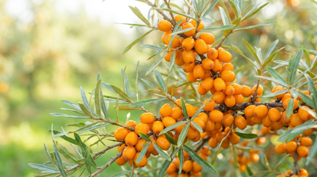 Fresh ripe sea buckthorn berries on the branch